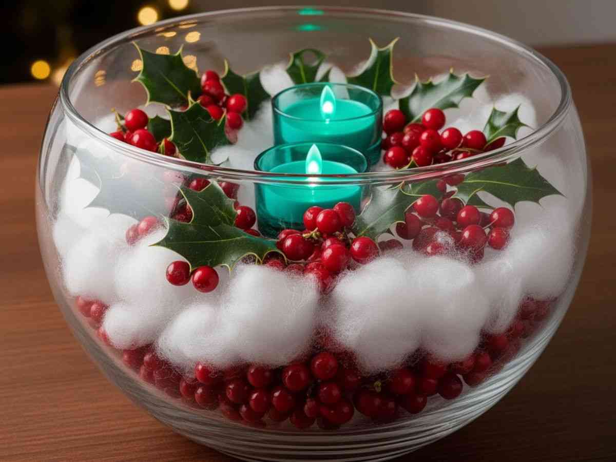 centrotavola con ovatta e bacche insieme a tealight elettrici