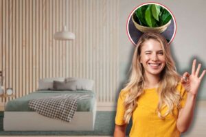 camera da letto con scendiletto, donna che fa ok con le mani e foglie di alloro in icona rossa