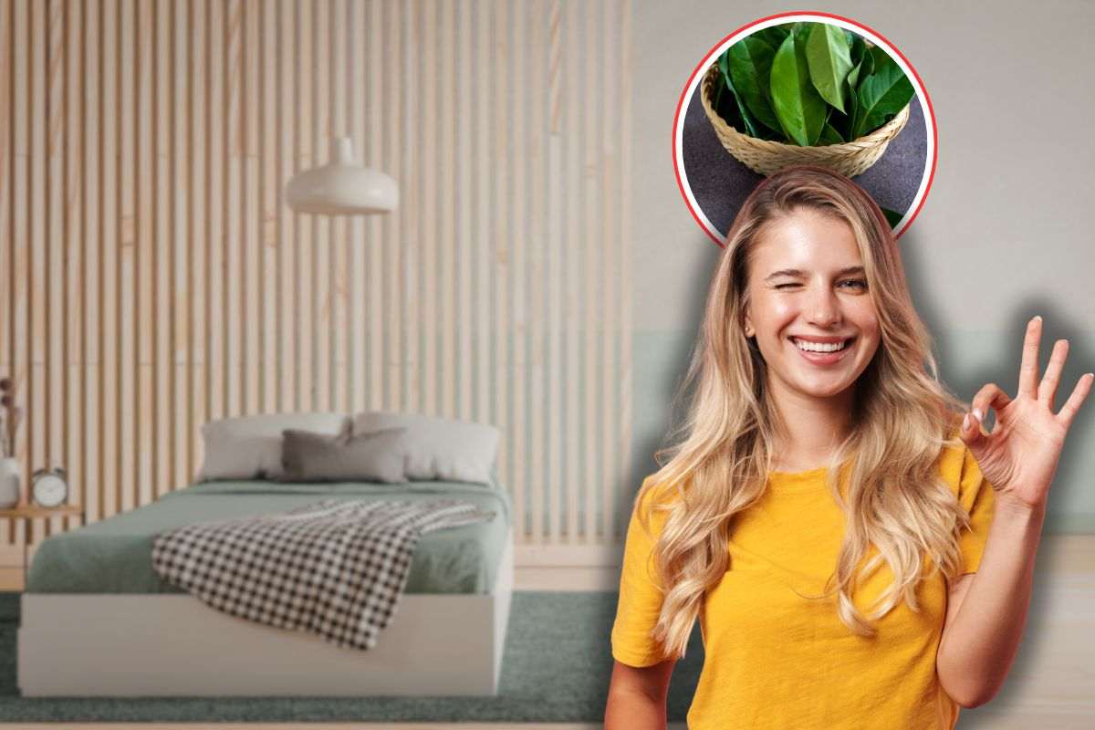 camera da letto con scendiletto, donna che fa ok con le mani e foglie di alloro in icona rossa